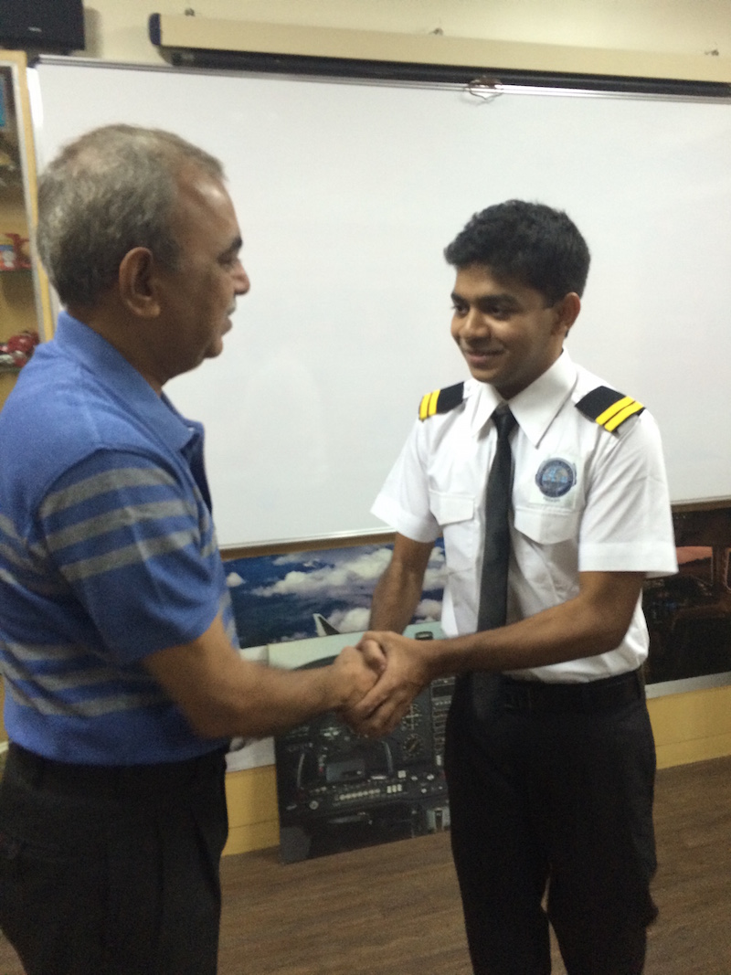 Cadet Rahul Sankar - latest 2015 batch student felicitated by Capt A.D Manek with Private Pilot appulets. Cadet Rahul currently holds a German EASA Private Pilot License